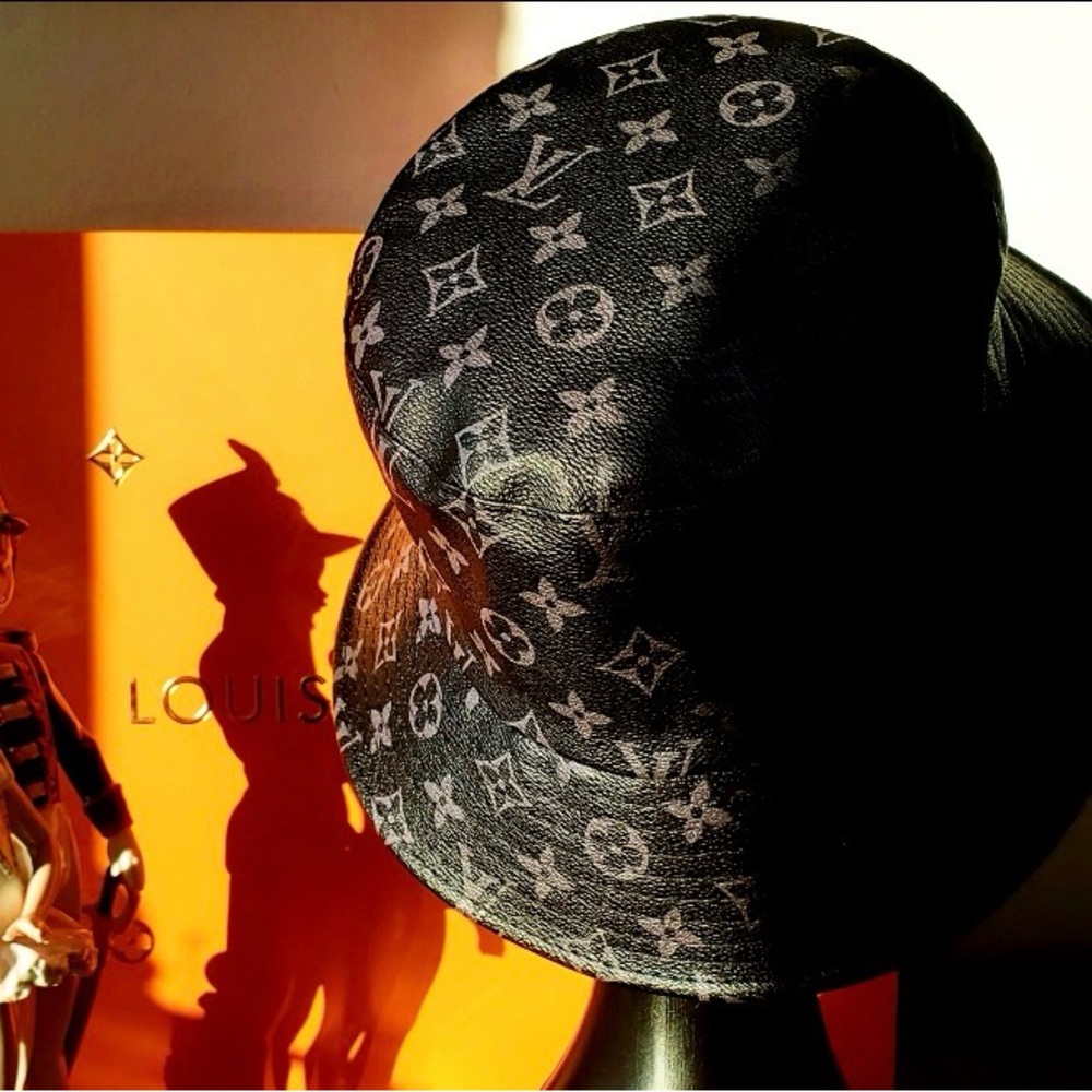 Leather Monogram Black Gray Bucket Hat Calf Skin jacquard Unisex - Picture 3 of 11